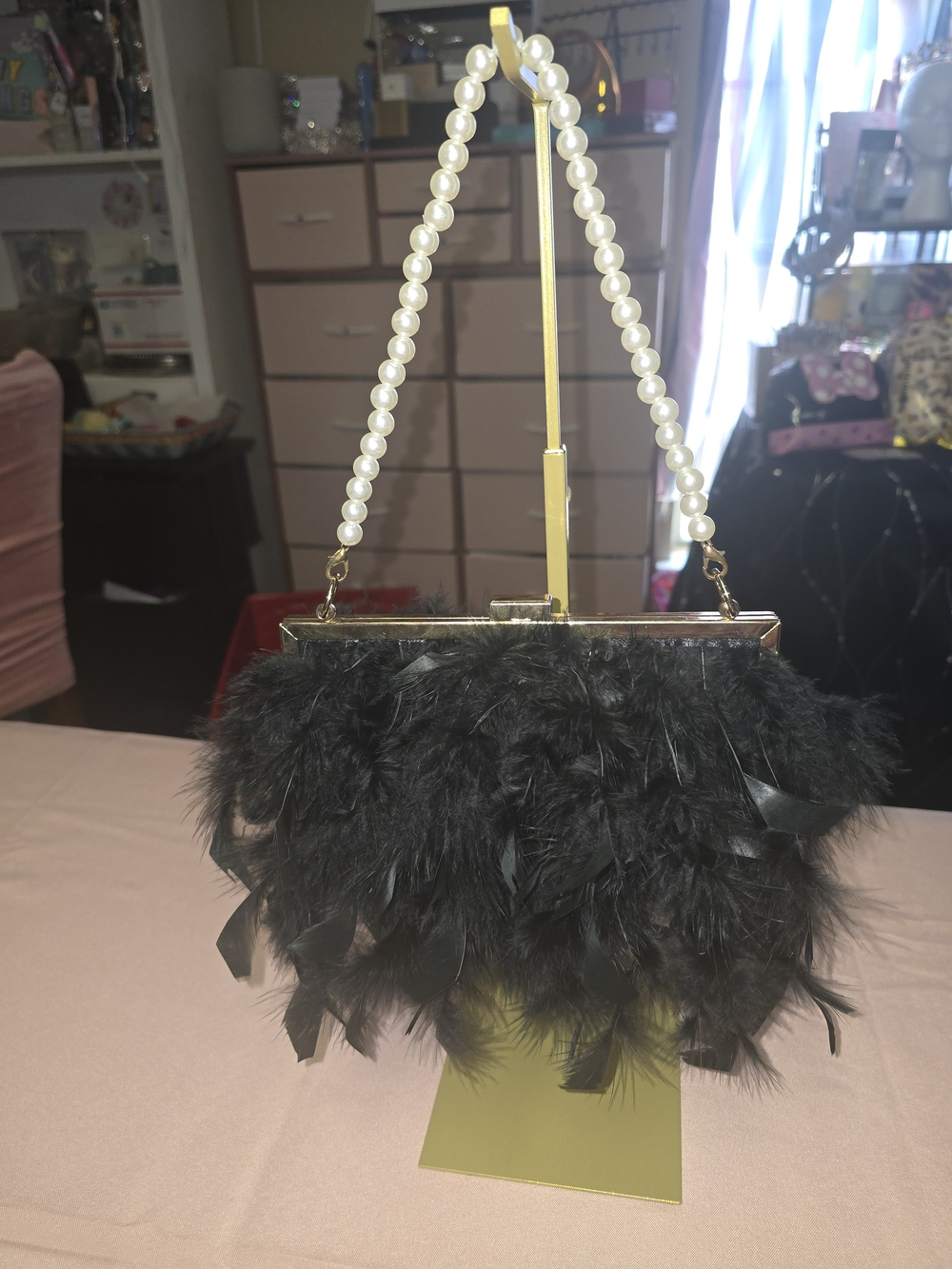 Black Feather Pearl-Handle Evening Bag W/ Mystery Gifts Inside